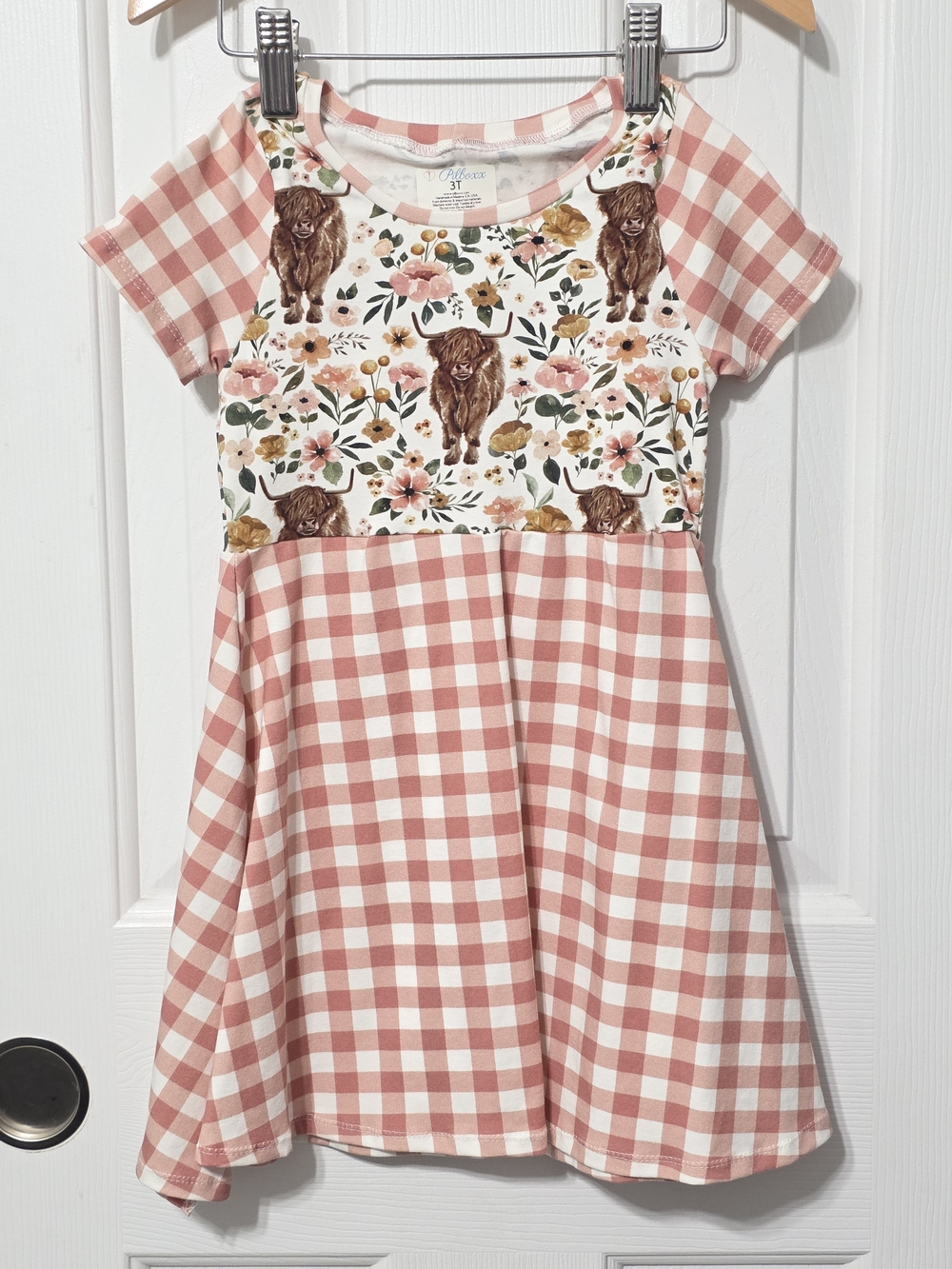 Girls Pink Gingham & Floral Highland Cow Dress